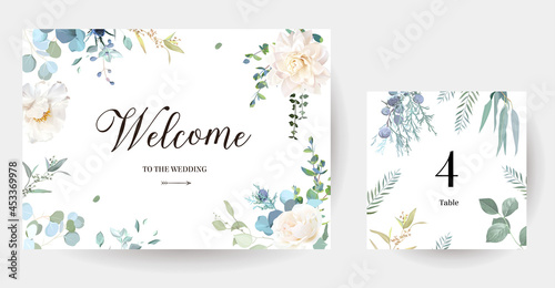 Creamy beige peony  dusty blue thistles  eucalyptus  greenery  juniper  brunia vector design frames