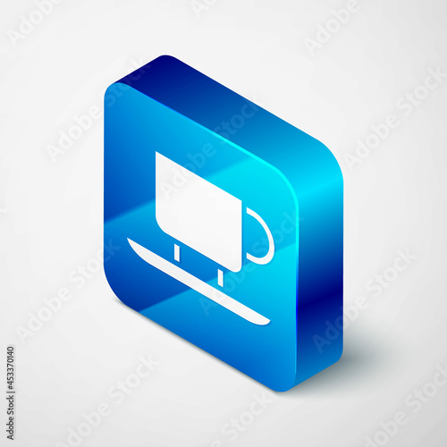 Isometric Coffee cup icon isolated on grey background. Tea cup. Hot drink coffee. Blue square button. Vector