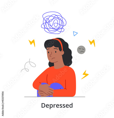 Sad young female character is sitting silently alone having depression on white background. Concept of people with mental stress going through psychological hardships. Flat cartoon vector illustration