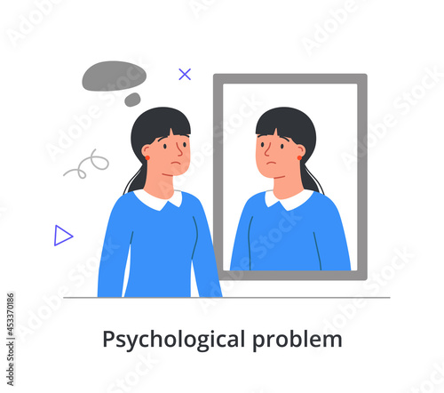 Unhappy female character having psychological problems is looking in the mirror on white background. People with mental disorder going through hard times. Flat cartoon vector illustration