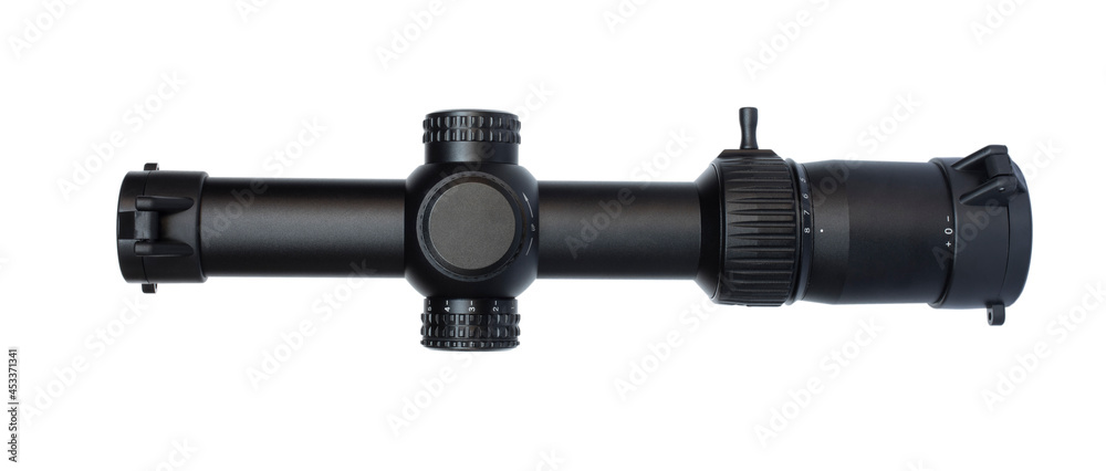 Top view of a rifle scope with lens covers Top view of a rifle scope with lens covers