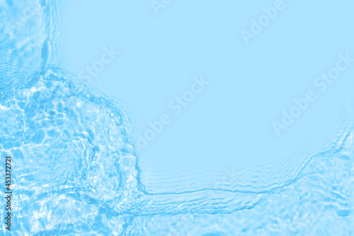 Serum texture close up. Light blue liquid gel background. Transparent beauty skincare product sample. Cosmetic clear liquid cream smudge. Transparent skin care product sample banner with copy space