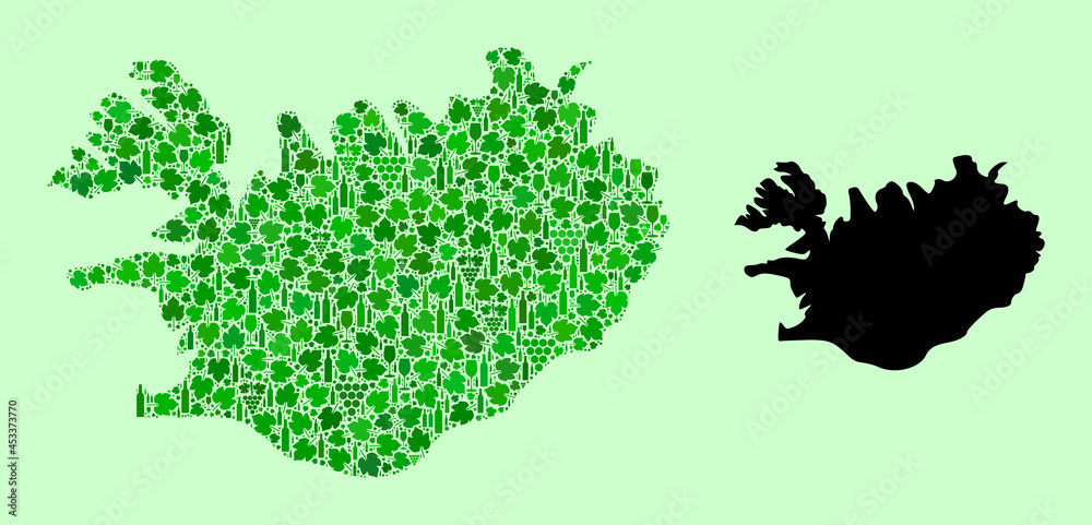 Vector Map of Iceland. Collage of green grapes, wine bottles. Map of Iceland collage formed with bottles, grapes, green leaves. Abstract collage is designed for political doctrines. Vector Map of Iceland. Collage of green grapes, wine bottles. Map of Iceland collage formed with bottles, grapes, green leaves. Abstract collage is designed for political doctrines.