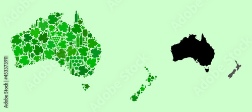 Vector Map of Australia and New Zealand. Mosaic of green grape leaves, wine bottles. Map of Australia and New Zealand collage designed from bottles, grapes, green leaves.