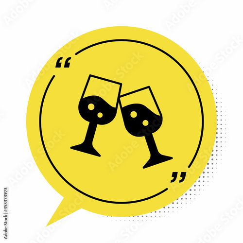 Black Glass of champagne icon isolated on white background. Yellow speech bubble symbol. Vector