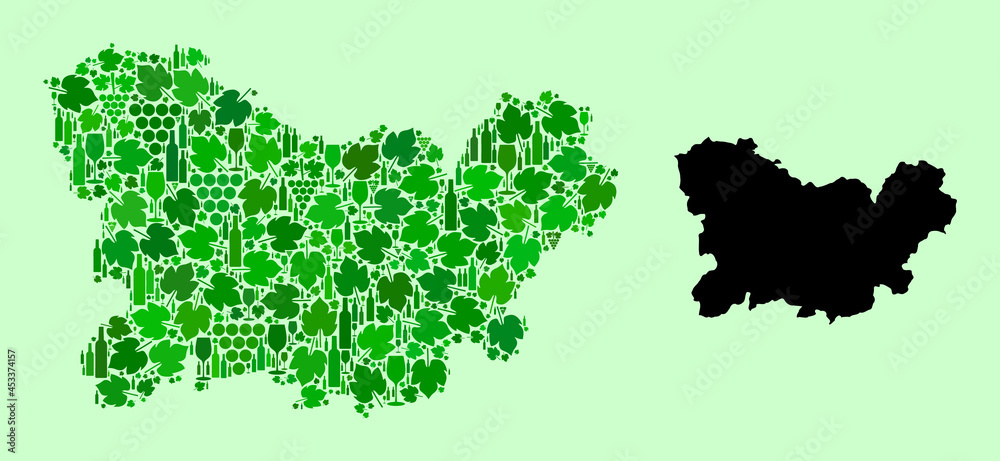 Obraz premium Vector Map of Ourense Province. Mosaic of green grape leaves, wine bottles. Map of Ourense Province collage formed from bottles, grapes, green leaves.
