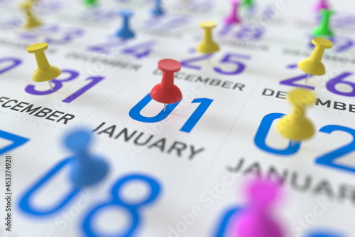 January 1 date and push pin on a calendar, 3D rendering