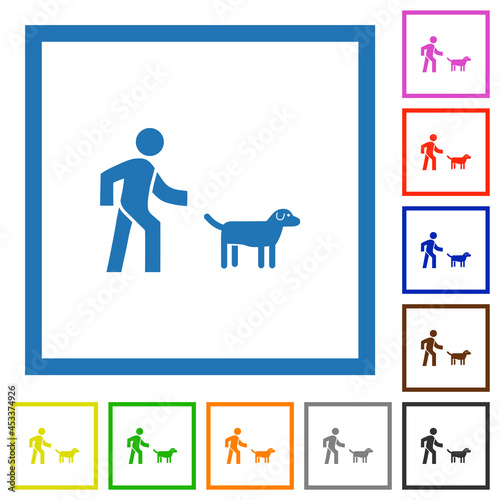 Dog walking flat framed icons