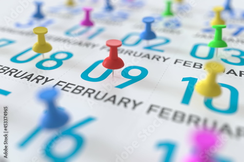 February 9 date and push pin on a calendar, 3D rendering