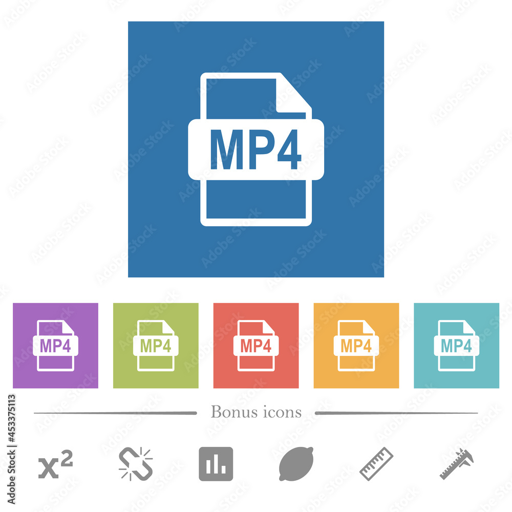 MP4 file format flat white icons in square backgrounds MP4 file format flat white icons in square backgrounds