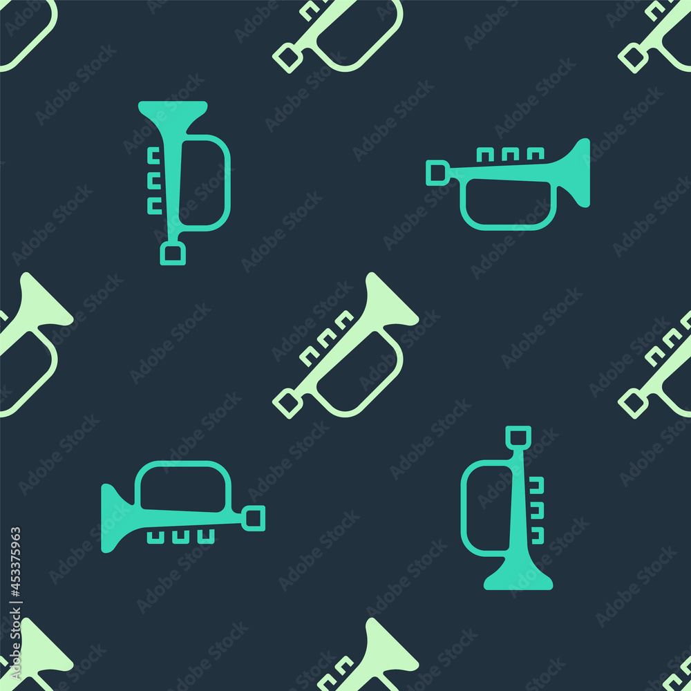 Green and beige Musical instrument trumpet icon isolated seamless pattern on blue background. Vector