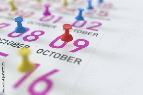 October 9 date and push pin on a calendar, 3D rendering