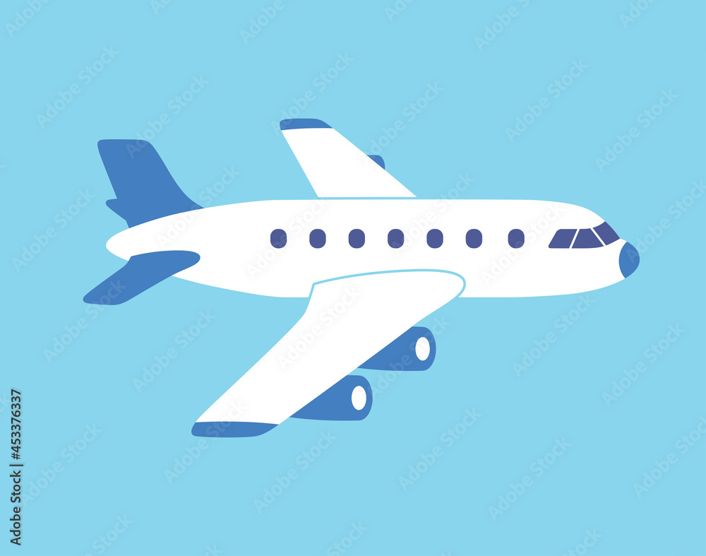 White jet airplane in blue sky flat vector