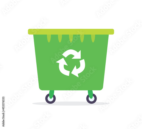 Green recycling garbage dumpster can isolated, wheelie trash bin flat vector icon.