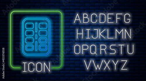 Glowing neon Nicotine gum in blister pack icon isolated on brick wall background. Helps calm cravings and reduces anxiety caused by quitting smoking. Neon light alphabet. Vector