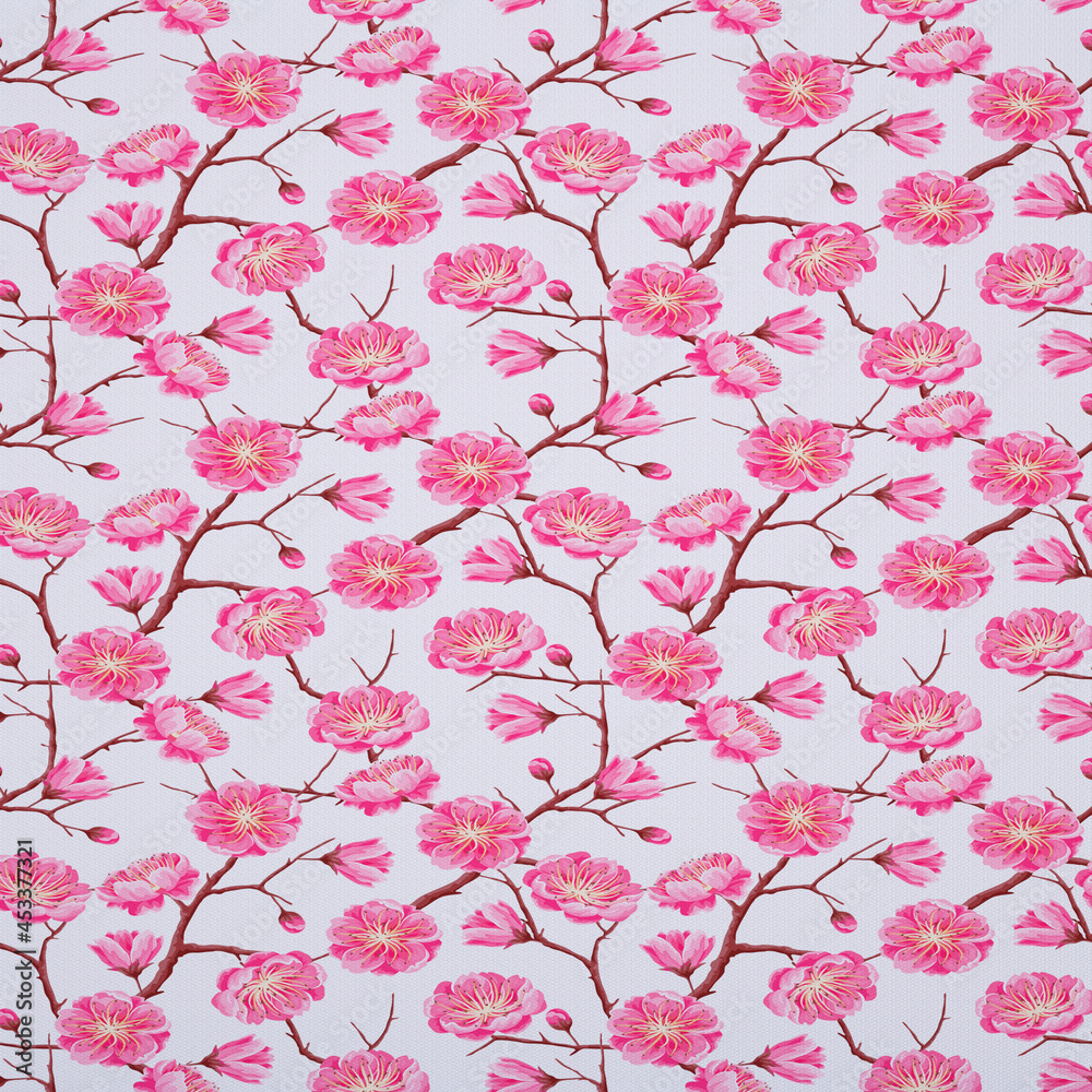 FABRIC TEXTURE PINK AND GREEN FLOWERS WITH WHITE BACKGROUND