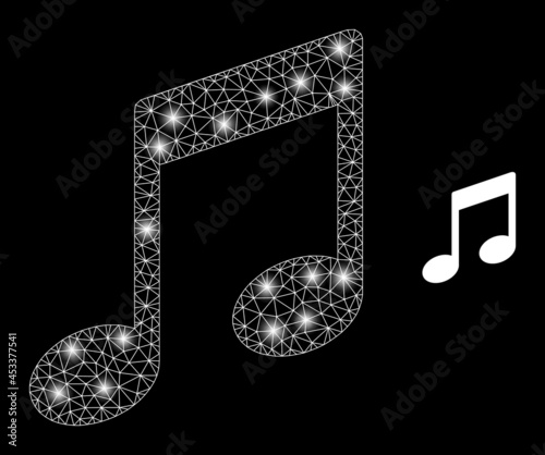 Magic mesh vector musical notes with glow effect. White mesh, bright spots on a black background with musical notes icon. Mesh and glowing elements are placed on different layers.
