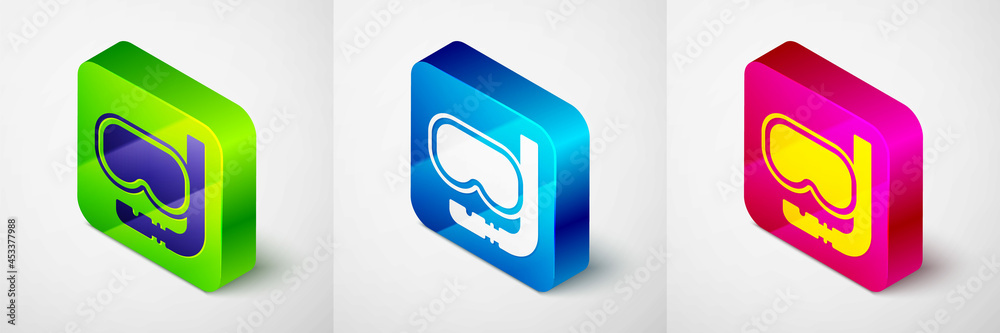 Isometric Diving mask and snorkel icon isolated on grey background. Extreme sport. Diving underwater equipment. Square button. Vector Isometric Diving mask and snorkel icon isolated on grey background. Extreme sport. Diving underwater equipment. Square button. Vector