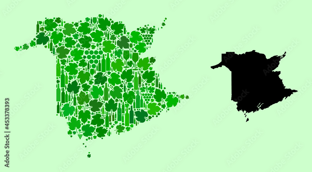 Obraz premium Vector Map of New Brunswick Province. Mosaic of green grape leaves, wine bottles. Map of New Brunswick Province mosaic designed from bottles, berries, green leaves.
