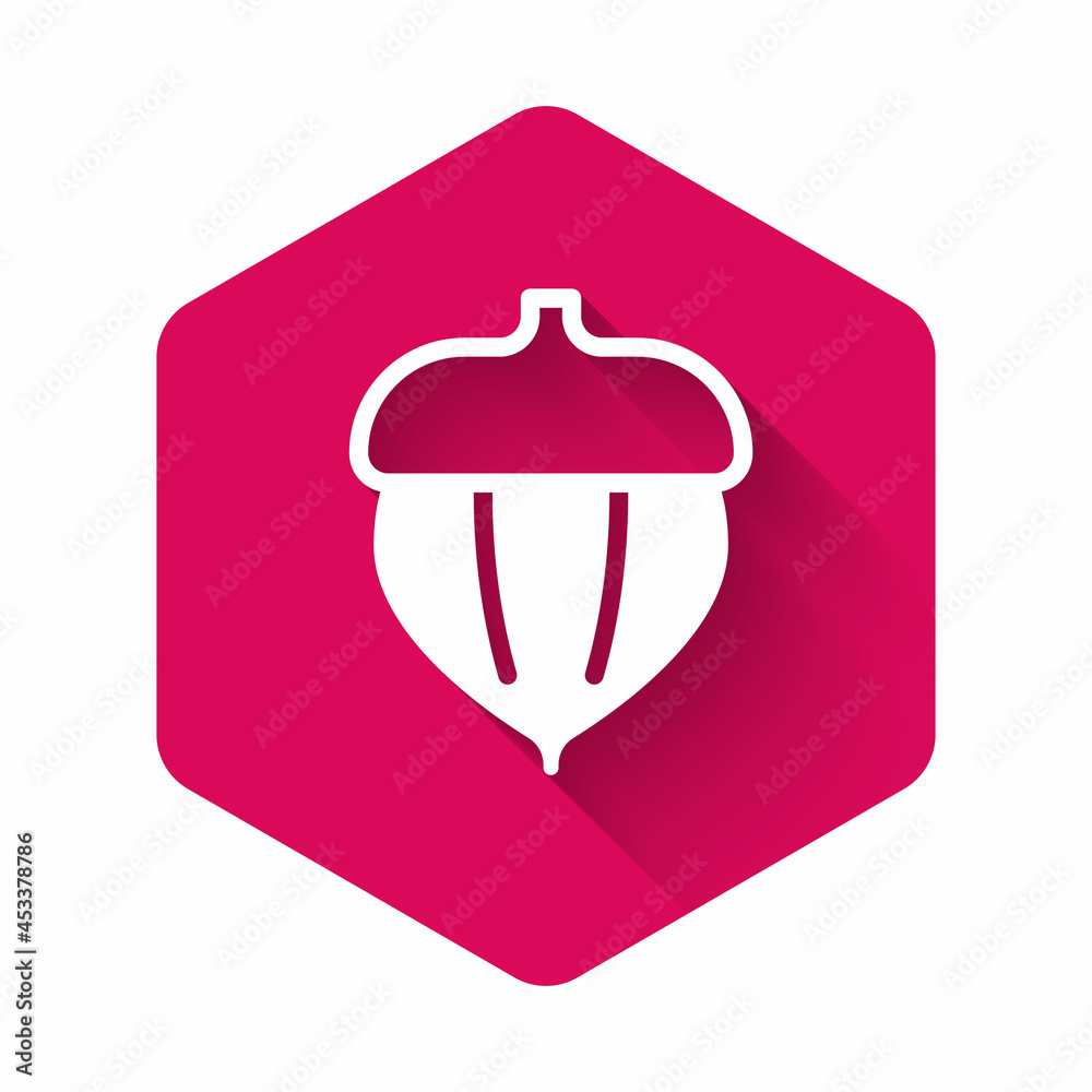 White Acorn icon isolated with long shadow background. Pink hexagon button. Vector White Acorn icon isolated with long shadow background. Pink hexagon button. Vector