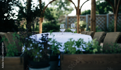 Garden covered terrace with chairs and dining table, which is covered with white tablecloth and there are two glasses. In foreground are blurred flower pots with herbs,in background is rest of garden.