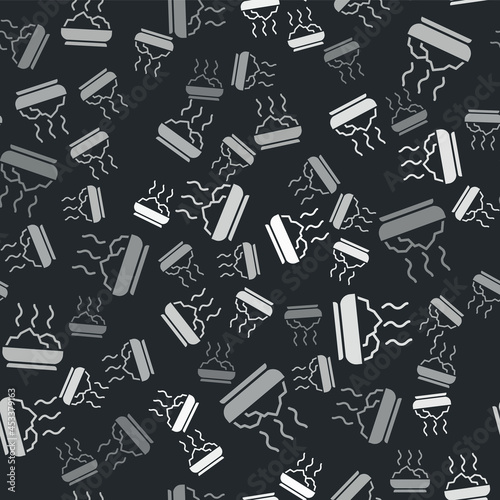 Grey Bowl of hot soup icon isolated seamless pattern on black background. Vector
