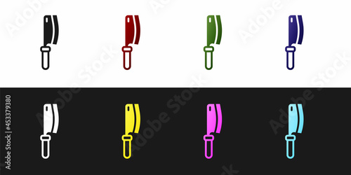 Set Meat chopper icon isolated on black and white background. Kitchen knife for meat. Butcher knife. Vector