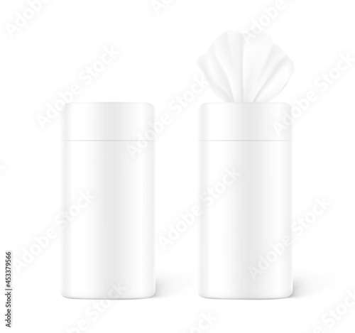 Set of wet wipes tissue container. Vector illustration isolated on white background. Can be use for template your design, presentation, promo, ad. EPS10.