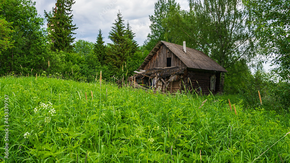 a ruined wooden house in the forest a ruined wooden house in the forest