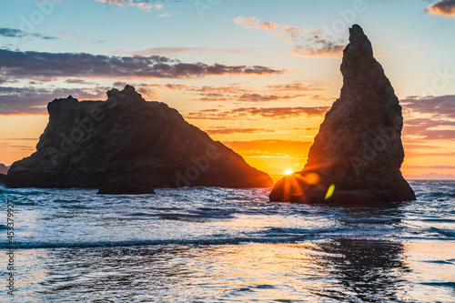 Sea stacks on the Oregon coast at sunset.