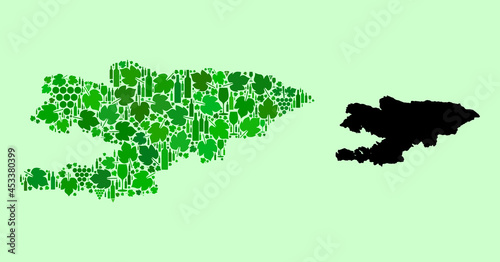 Vector Map of Kyrgyzstan. Collage of green grape leaves, wine bottles. Map of Kyrgyzstan collage created with bottles, berries, green leaves. Abstract collage is useful for alcohol shops doctrines. photo