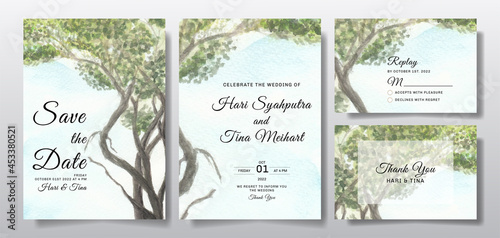 Watercolor wedding invitation set with sky and tree landscape