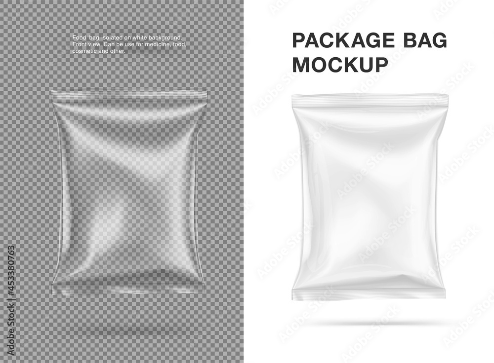 Food snack pillow bag on white and transparent background. Vector illustration. Can be use for template your design, promo, adv.  Easy change solid color. EPS10.	 - obrazy, fototapety, plakaty 