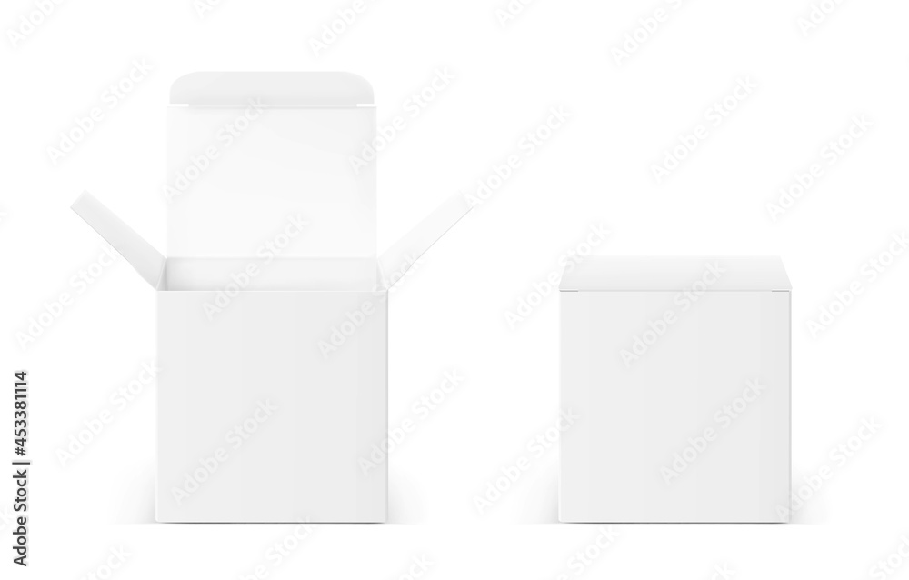 Open realistic cardboard packaging box mockup. Vector illustration on white background. Can be use for medicine, food, cosmetic and other. Ready for your presentation. EPS10. Open realistic cardboard packaging box mockup. Vector illustration on white background. Can be use for medicine, food, cosmetic and other. Ready for your presentation. EPS10.