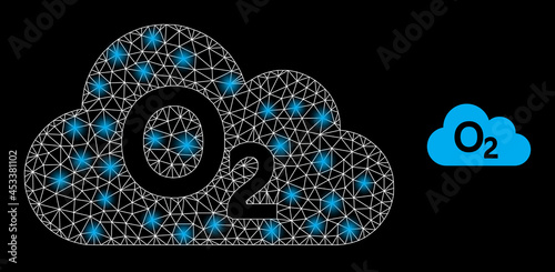 Bright mesh vector oxygen gas with glare effect. White mesh, bright spots on a black background with oxygen gas icon. Mesh and glare elements are placed on different layers.