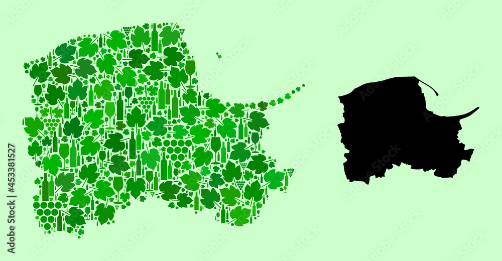 Obraz premium Vector Map of Pomerania Province. Mosaic of green grapes, wine bottles. Map of Pomerania Province mosaic designed with bottles, grapes, green leaves.
