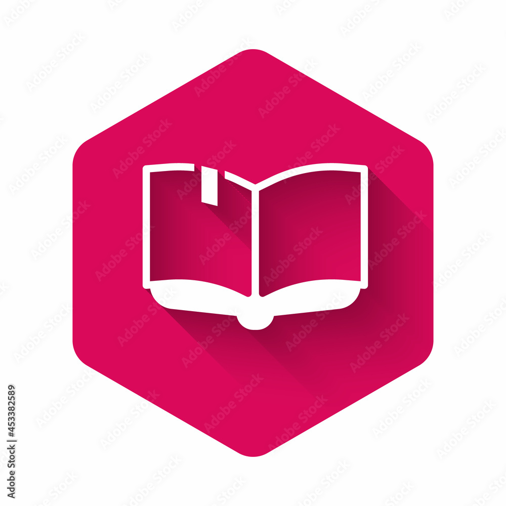 White Open book icon isolated with long shadow background. Pink hexagon button. Vector White Open book icon isolated with long shadow background. Pink hexagon button. Vector