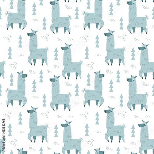 Seamless pattern with alpaca or llama on a white background. Vector illustration in minimalistic flat style, hand drawing. Print for textiles, print design, postcards, gray and blue