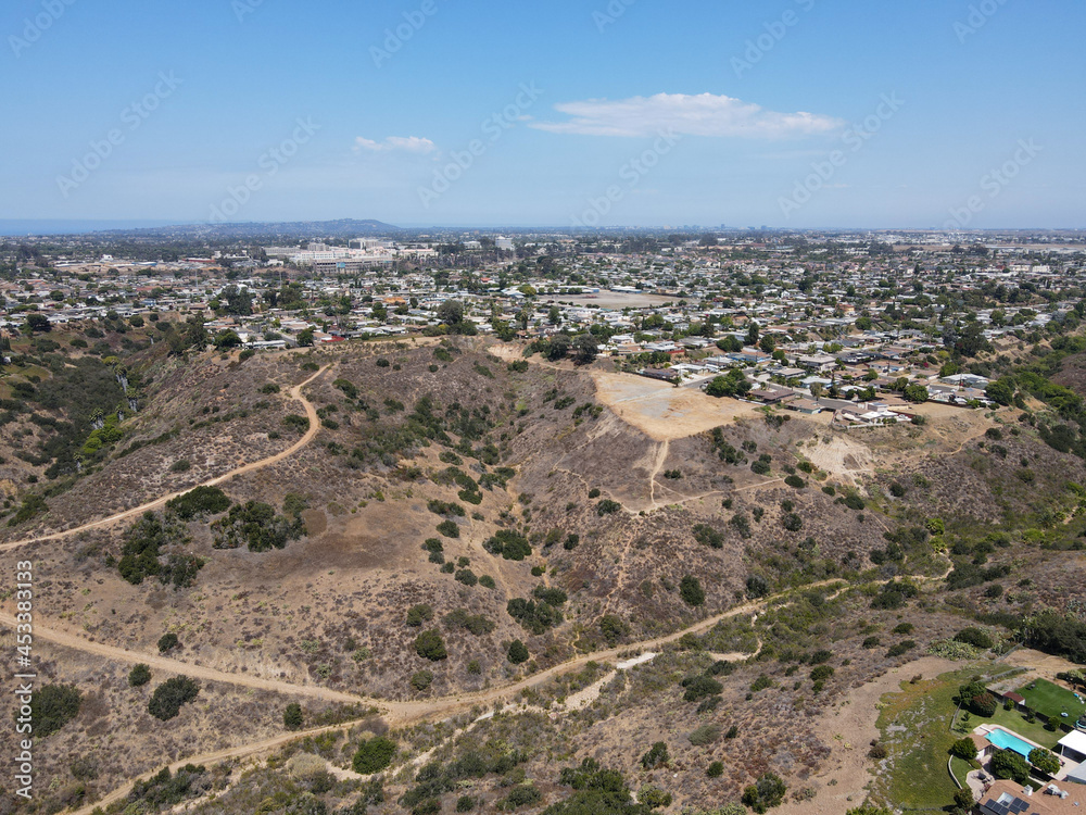Aerial view of of small trails in the valley of Mission City and Serra Mesa in San Diego County, California, USA