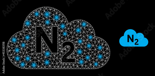 Magic mesh vector nitrogen gas with glow effect. White mesh, glare spots on a black background with nitrogen gas icon. Mesh and glare elements are placed on different layers.