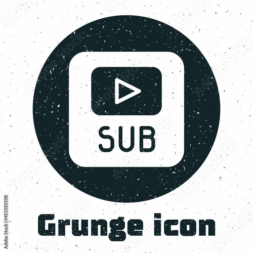 Grunge Video with subtitles icon isolated on white background. Monochrome vintage drawing. Vector