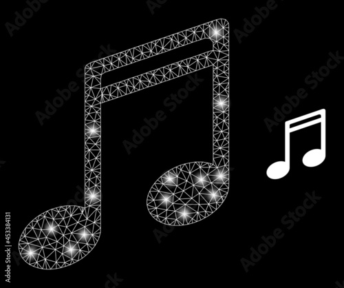 Glamour mesh vector music notes with glare effect. White mesh, glare spots on a black background with music notes icon. Mesh and glare elements are placed on different layers.