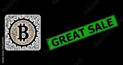 Glowing net mesh bitcoin box frame with light dots, and green rectangle dirty Great Sale watermark. Constellation vector carcass created from bitcoin box icon and intersected white lines.