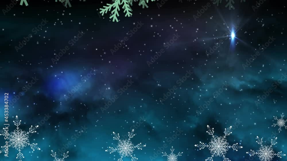 Animation of fir trees branches with decoration over snow falling Animation of fir trees branches with decoration over snow falling