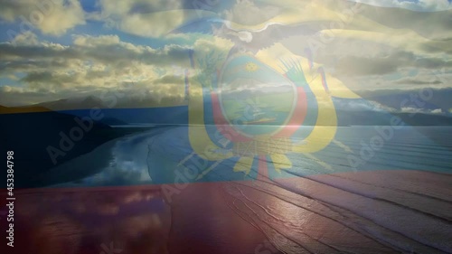 Animation of flag of equador blowing over beach seascape photo