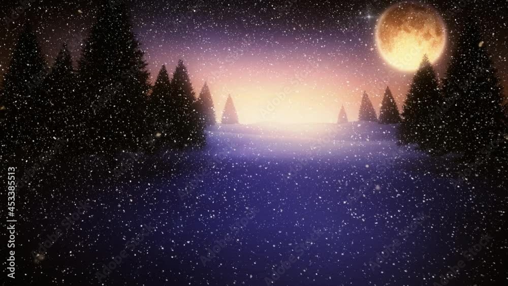 Animation of snow falling over fir trees and moon in winter scenery Animation of snow falling over fir trees and moon in winter scenery