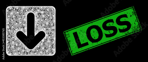 Glowing crossing mesh down cursor frame with light dots, and green rectangle rubber Loss stamp seal. Illuminated vector mesh created from down cursor symbol and crossed white lines.