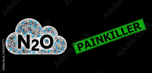 Flare crossing mesh nitrous oxide gas framework with light spots, and green rectangular textured Painkiller seal.