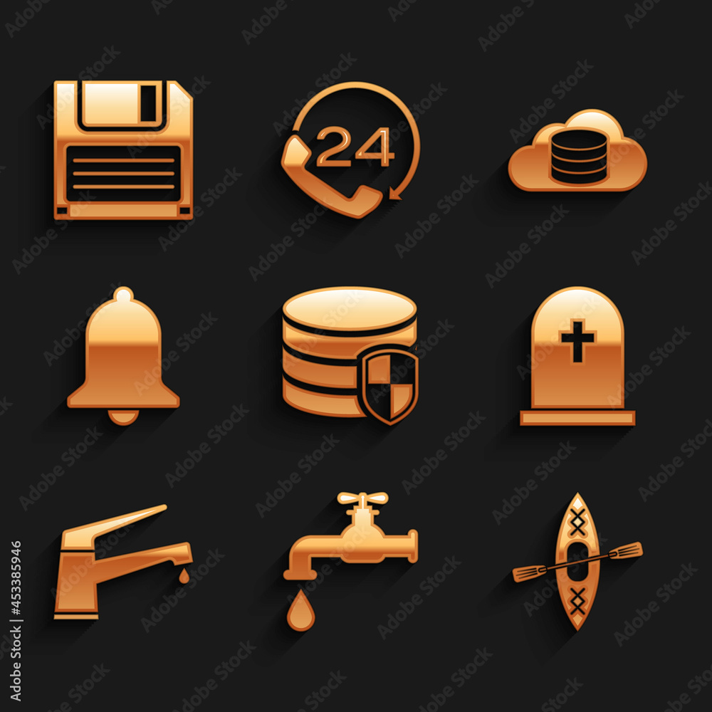 Set Database protection, Water tap, Kayak and paddle, Tombstone with cross, and Ringing bell icon. Vector Set Database protection, Water tap, Kayak and paddle, Tombstone with cross, and Ringing bell icon. Vector