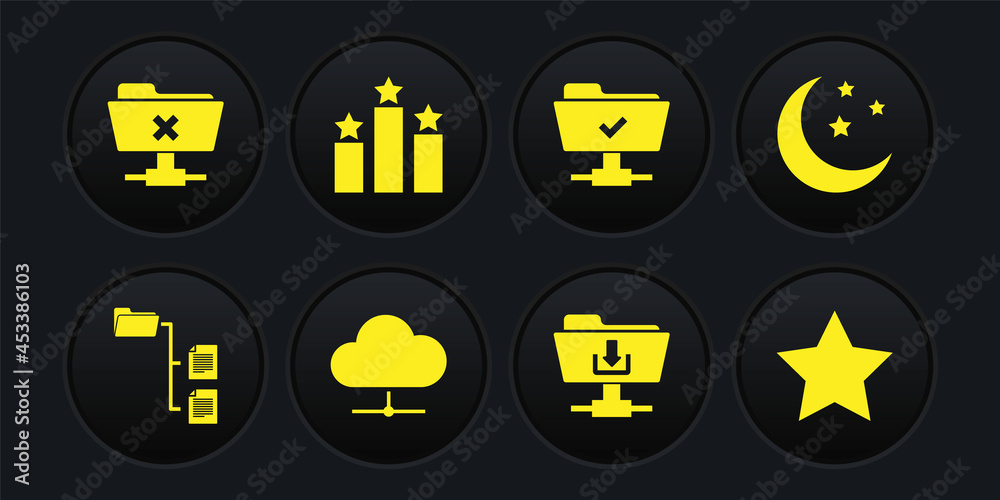 Set Folder tree, Moon and stars, Network cloud connection, FTP folder download, operation successful and Ranking icon. Vector Set Folder tree, Moon and stars, Network cloud connection, FTP folder download, operation successful and Ranking icon. Vector